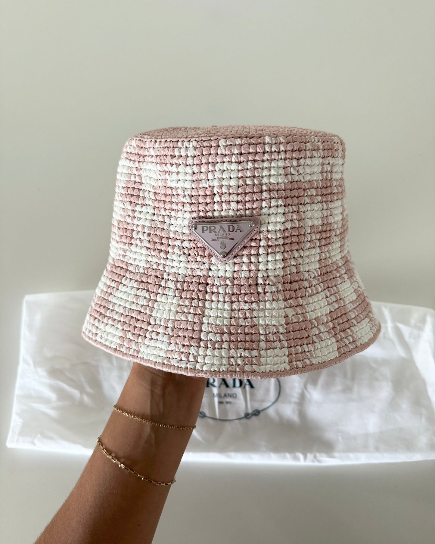 Prada Pink and White Raffia Bucket Hat Size Small