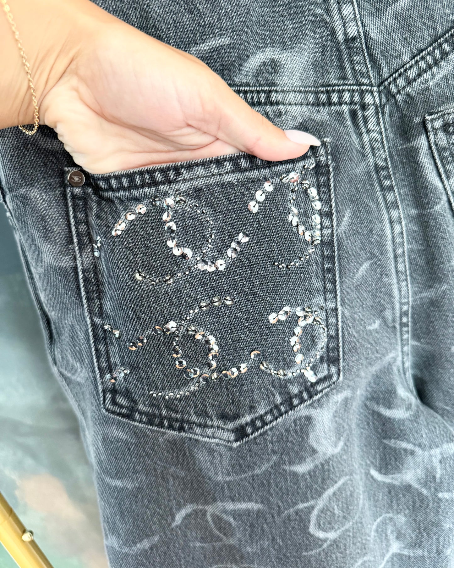 Chanel Runway 23B Dark Grey Logo Baggy Denim with Silver Sequin Logos on Back Pockets size 34