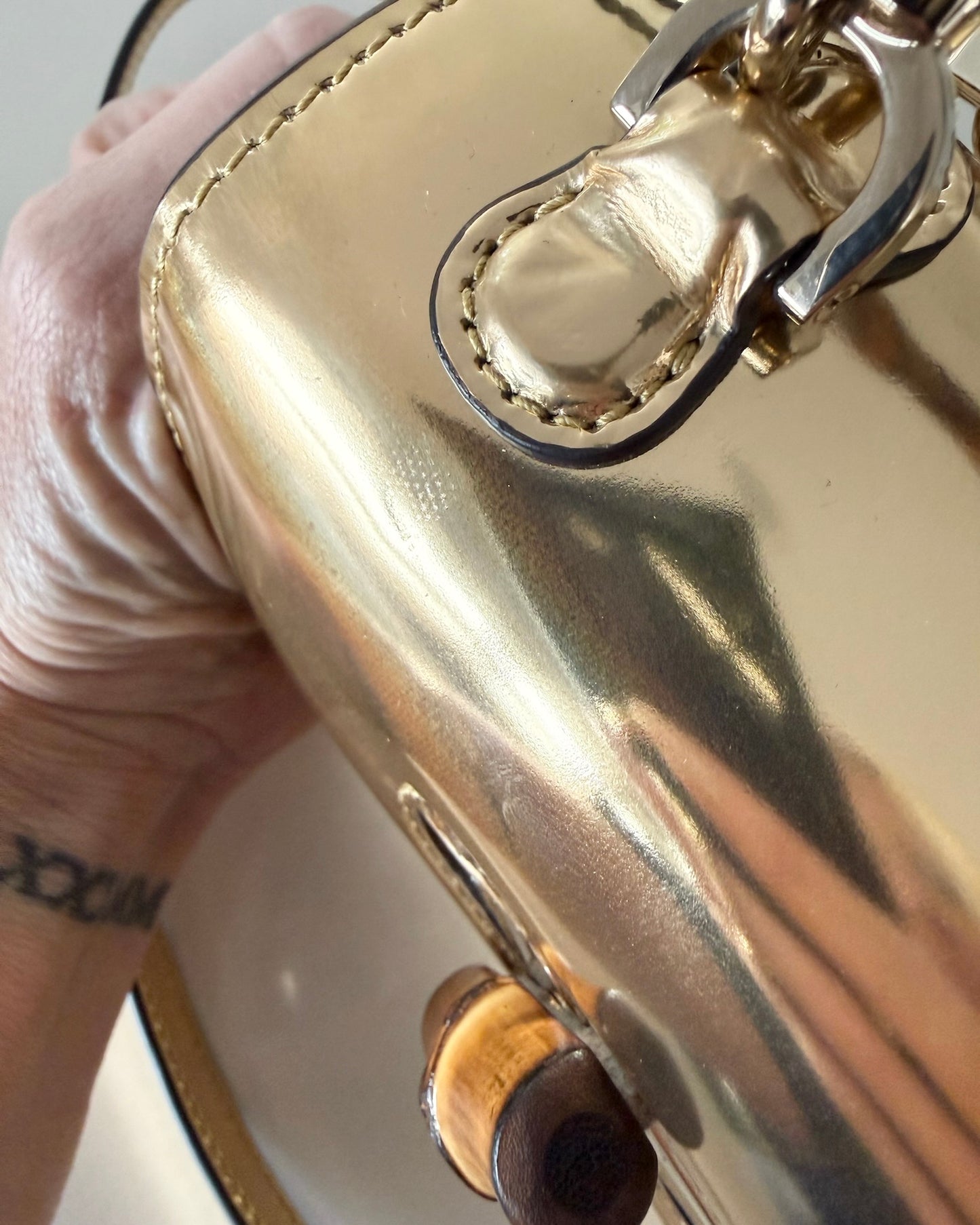 Gucci Limited Edition Gold Metallic Patent Leather Mini 1947 Bamboo Top Handle Bag