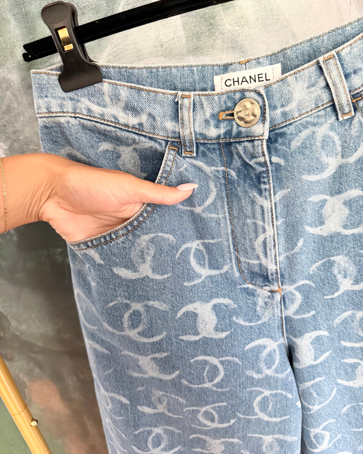 Chanel Runway from 23B Blue Logo Baggy Denim with Gold Logos on Back Pockets size 36