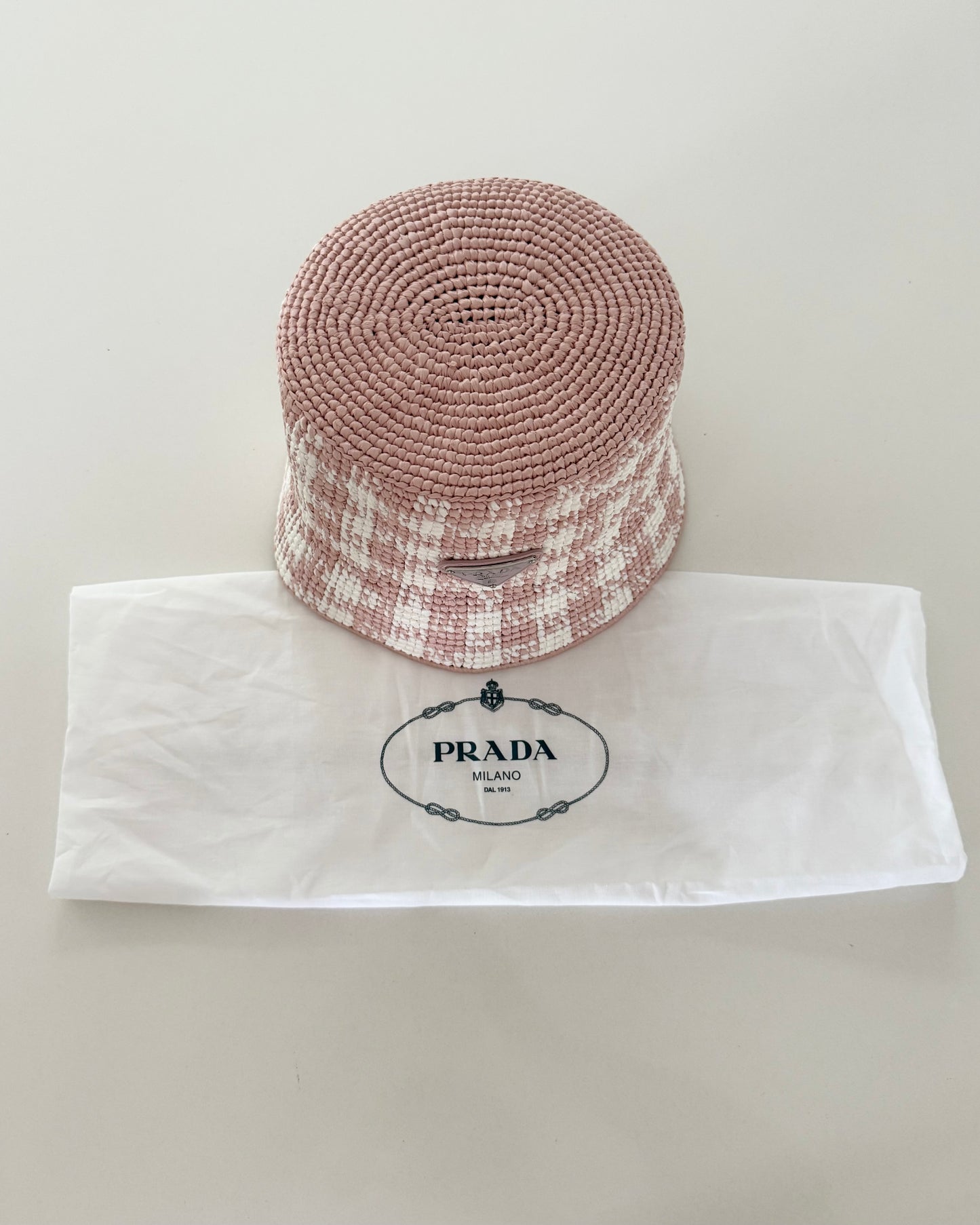 Prada Pink and White Raffia Bucket Hat Size Small