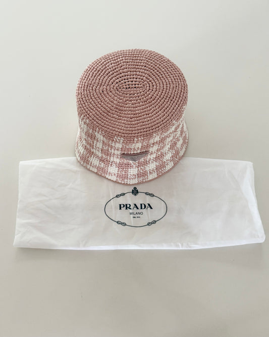 Prada Pink and White Raffia Bucket Hat Size Small