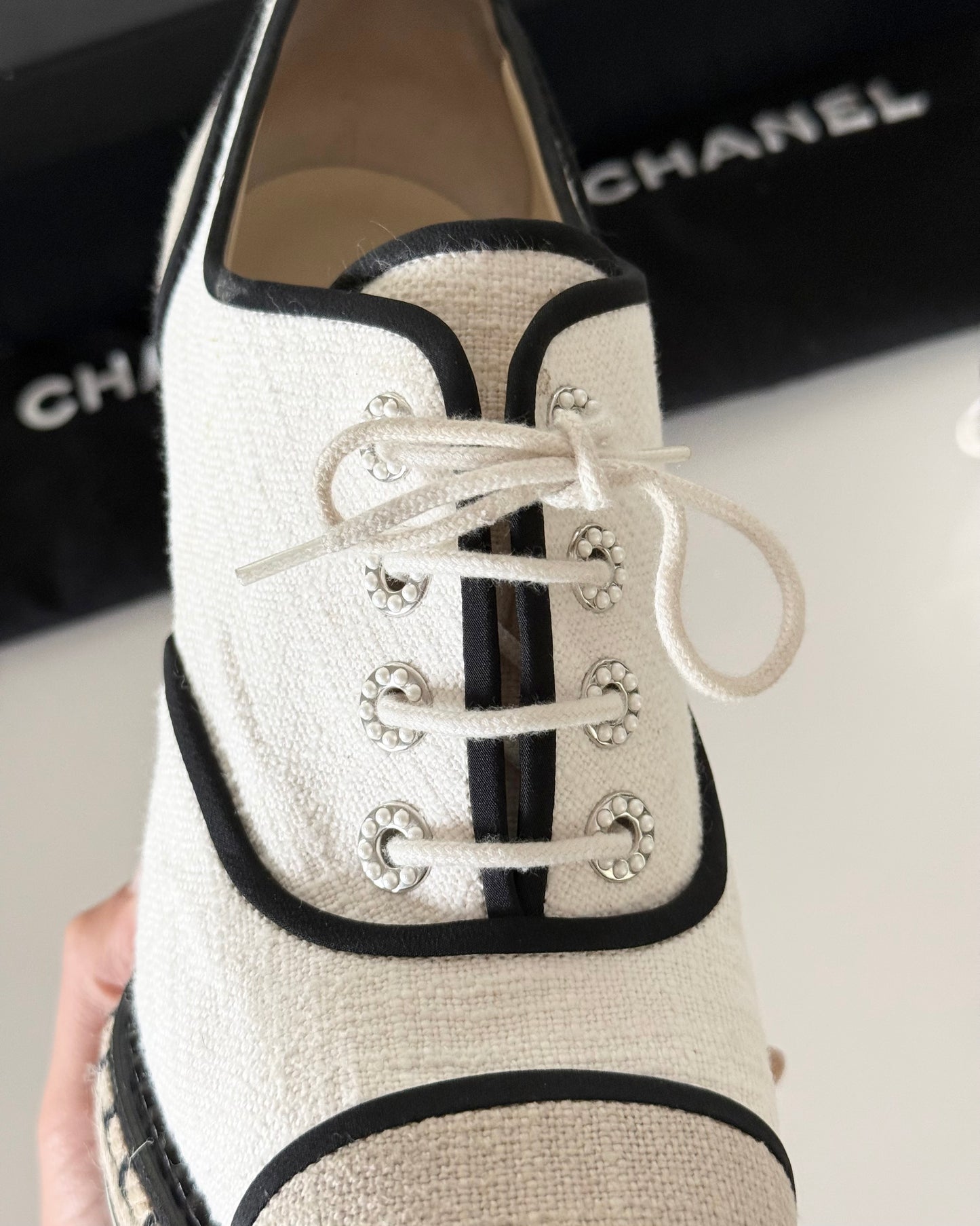 Chanel Ivory Canvas and Raffia Lace Up Wedge Espadrilles Size 40