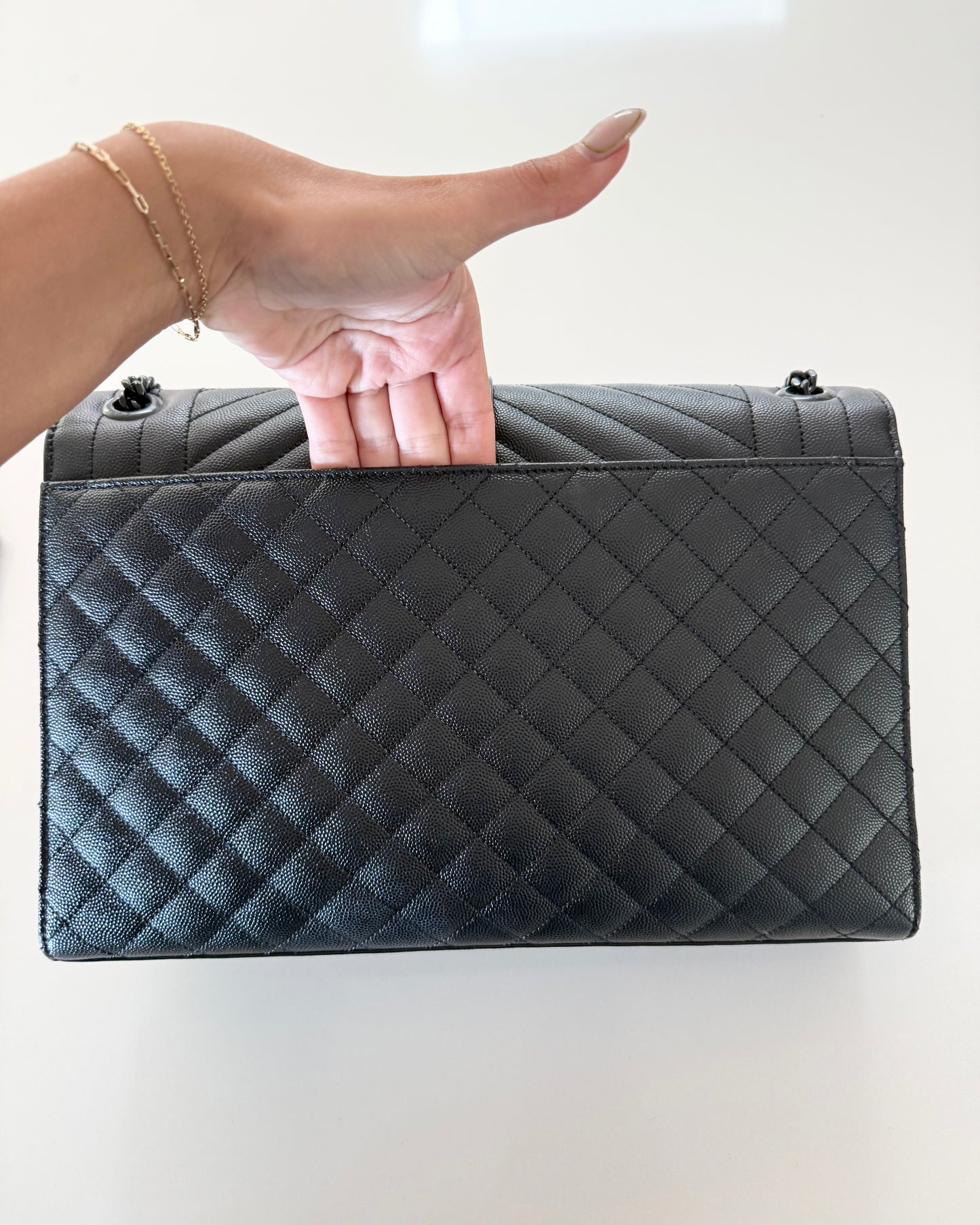 Saint Laurent All Black Grained Leather Matelasse Triquilt Flap Bag