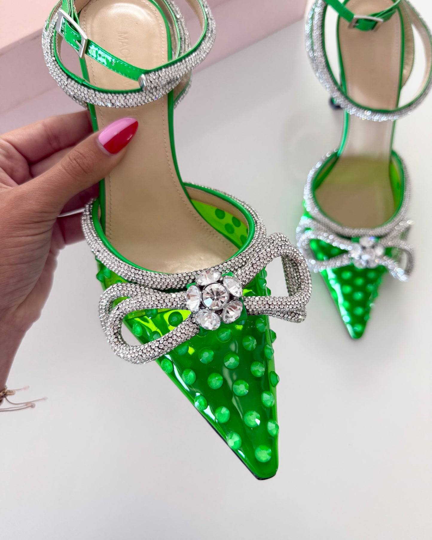 Mach & Mach Limited Edition Green PVC Spotted Double Wrap Bow Embellished Pumps