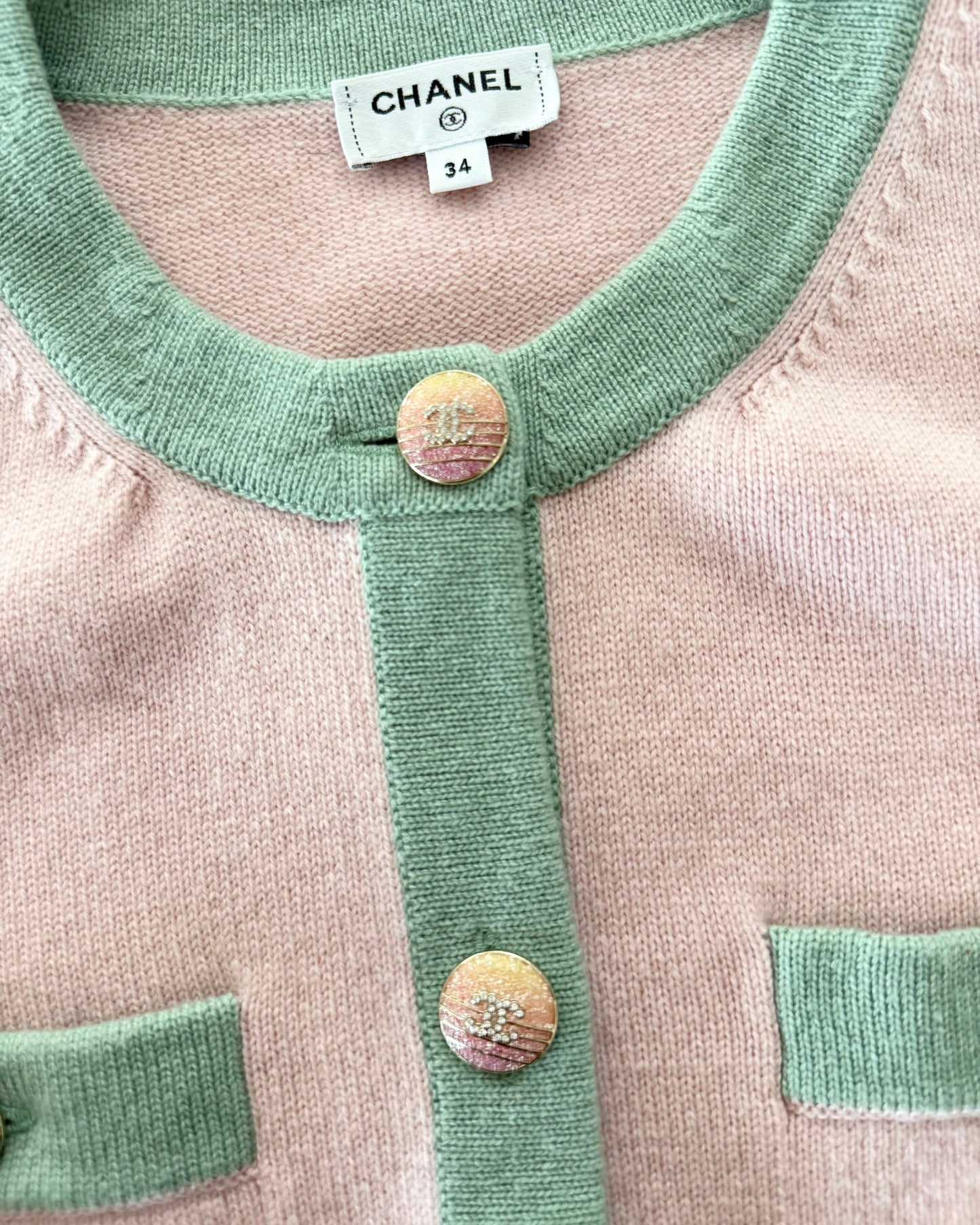 Chanel RARE Pink Cashmere Cardigan with Green Trim and Crystal Logo Ombre Buttons Size 34