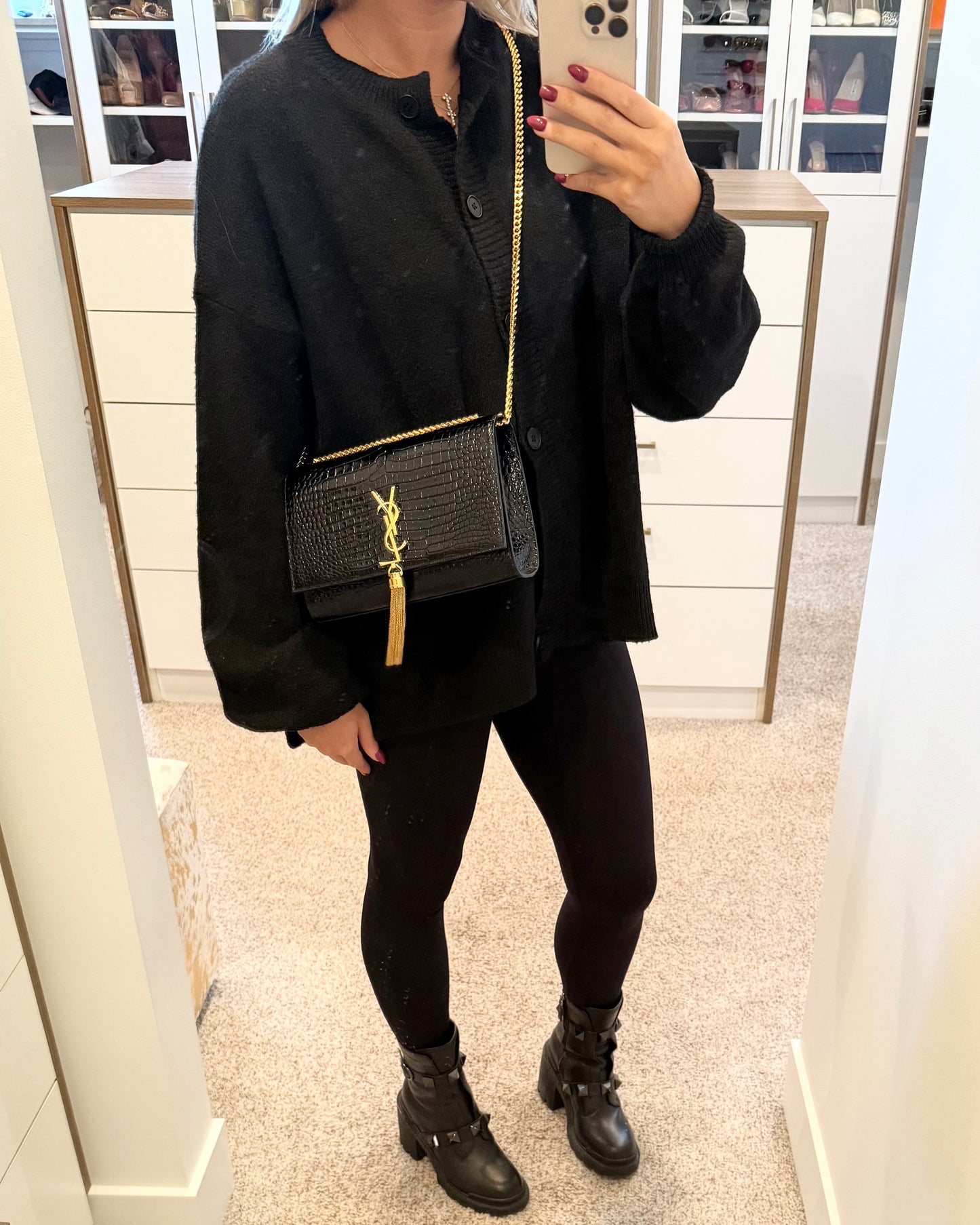 Saint Laurent Black Croc Embossed Patent Leather Medium Kate