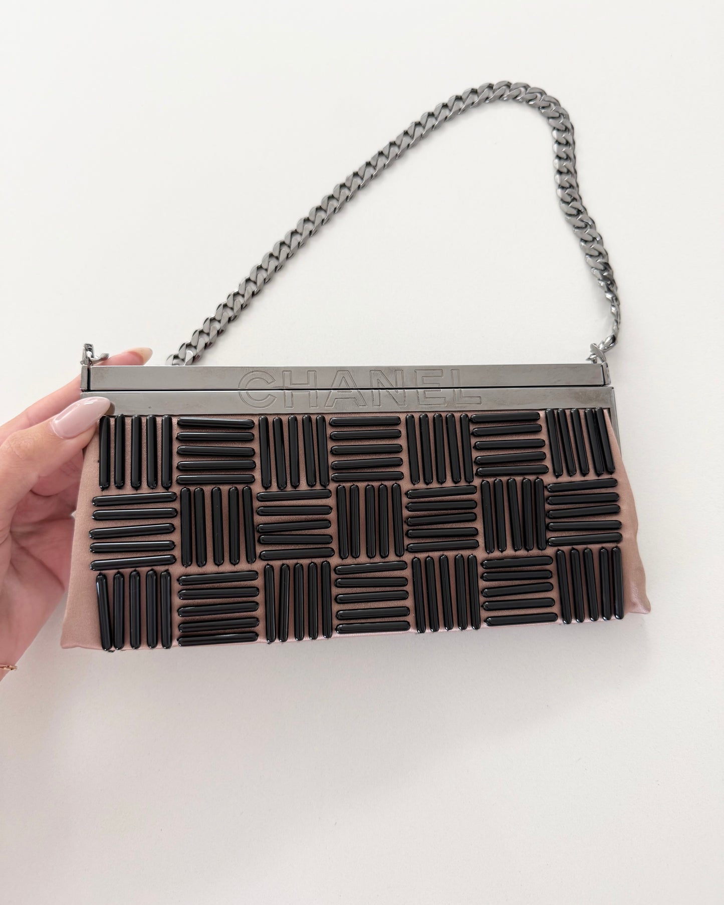 Chanel RARE Vintage Beige Logo Nameplate Satin Silk Beaded Red Carpet Gala Clutch