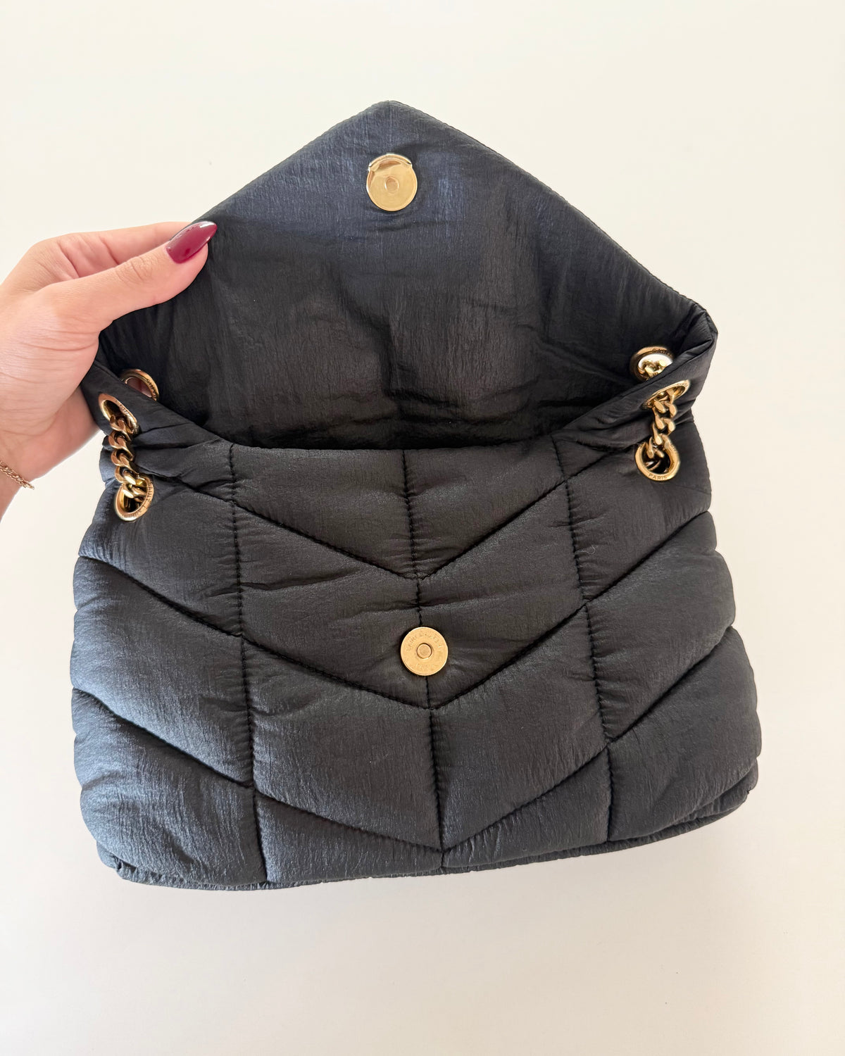 Saint Laurent Black Quilted Nylon Small Puffer Loulou Bag from 2023