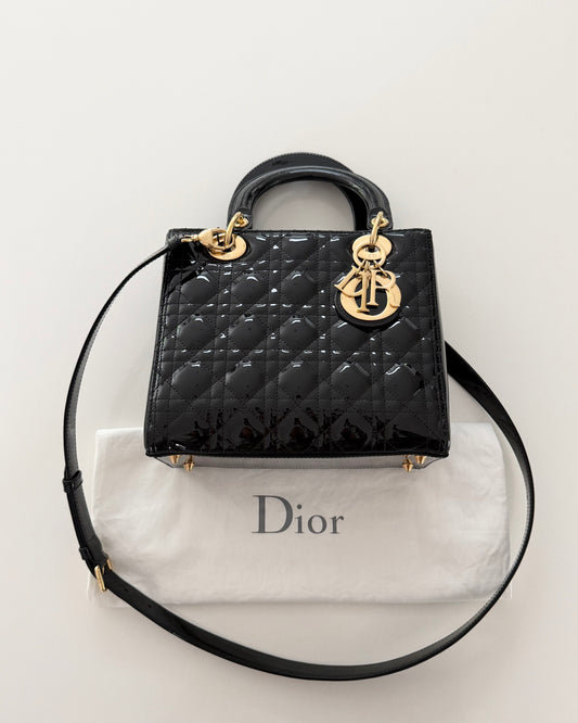Christian Dior Black Patent Medium Lady Dior Bag