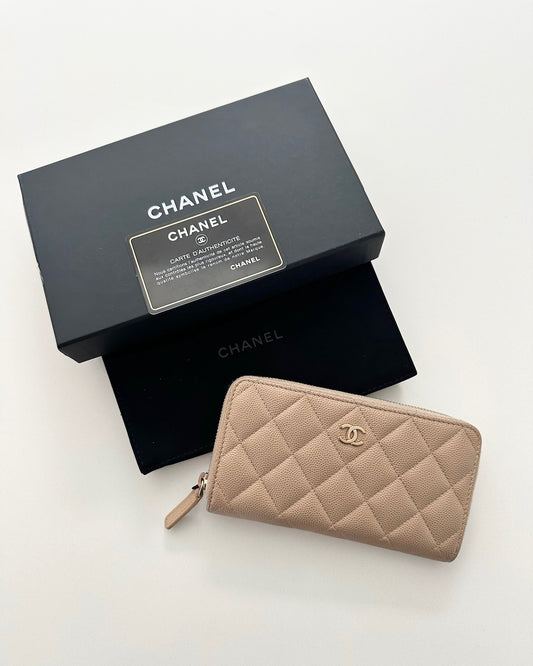 Chanel Beige Caviar Classic Compact Zippy Wallet