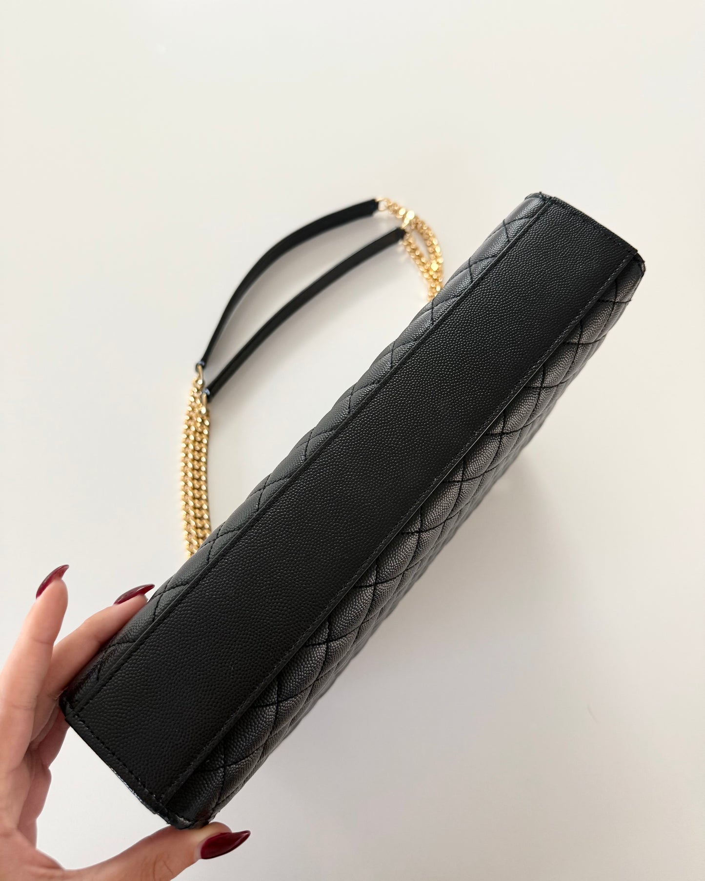 Saint Laurent Black Grained Leather Mix Matelasse Large Tri-Quilt