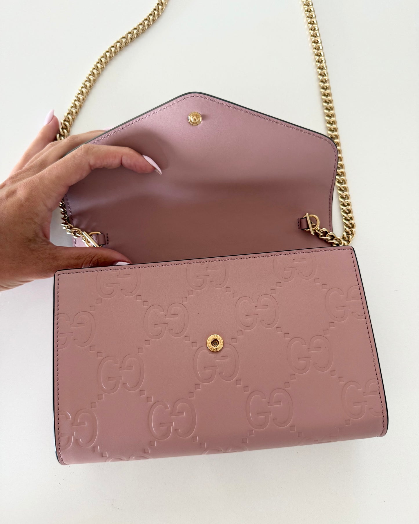 Gucci Pink Embossed Logo Leather Crossbody
