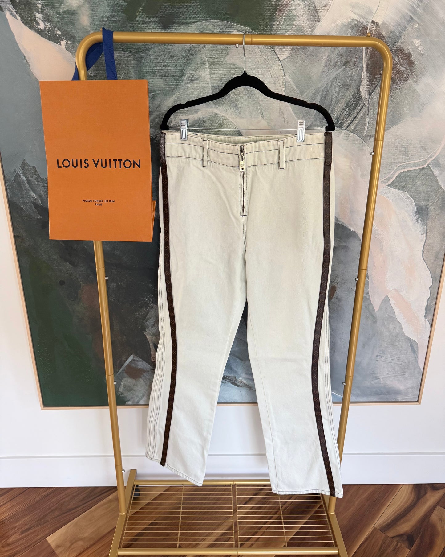 Louis Vuitton White Washed Zipped Denim with Monogram Stripes Down the Sides Size 44