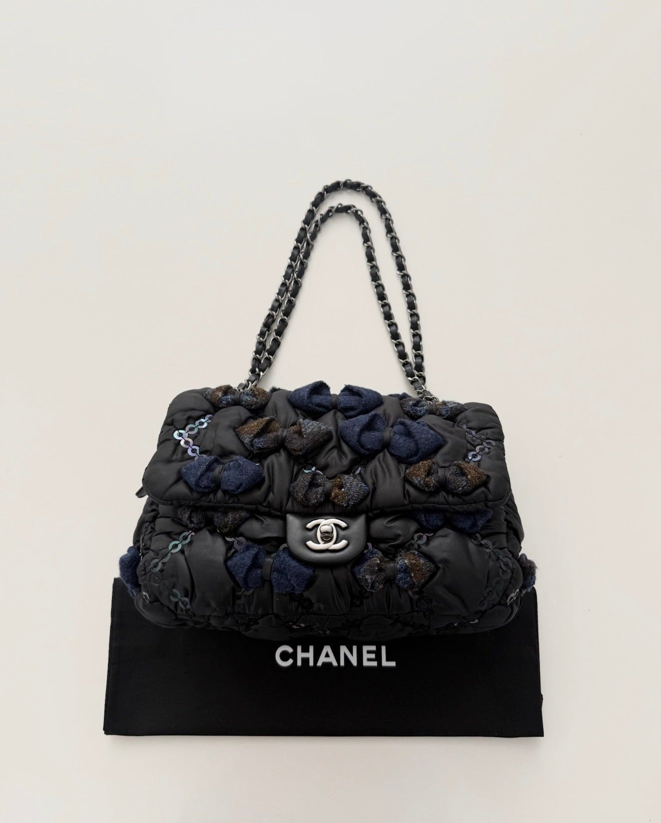 Chanel RARE Black Puffy Nylon Navy Tweed Bow and Sequin Bubble Flap Bag