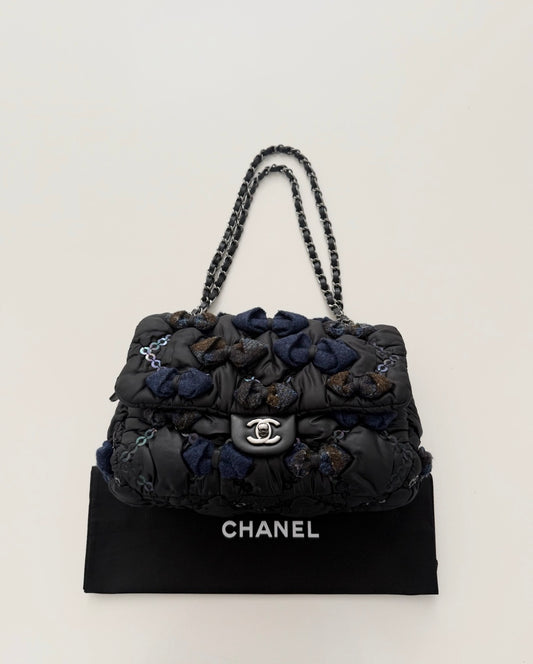 Chanel RARE Black Puffy Nylon Navy Tweed Bow and Sequin Bubble Flap Bag