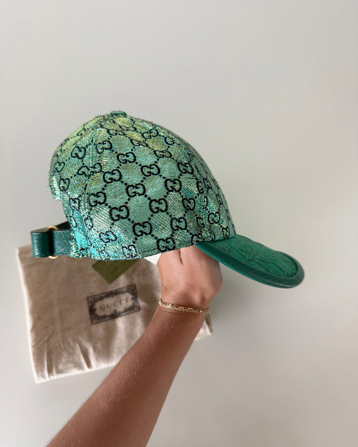 Gucci Limited Edition Green Metallic Logo Baseball Hat Size S