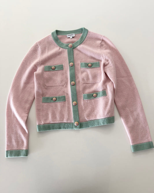 Chanel RARE Pink Cashmere Cardigan with Green Trim and Crystal Logo Ombre Buttons Size 34