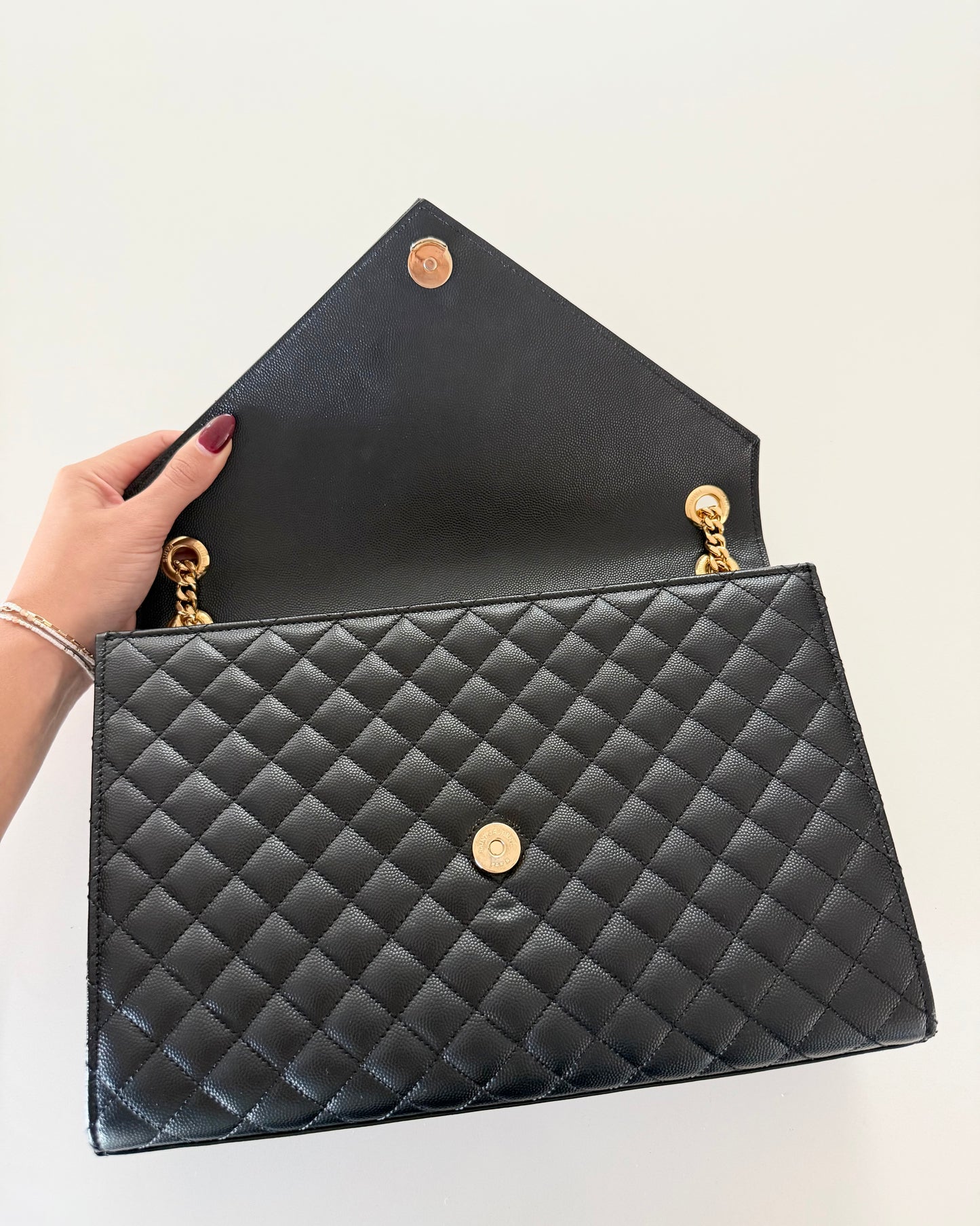 Saint Laurent Black Grained Leather Mix Matelasse Large Tri-Quilt