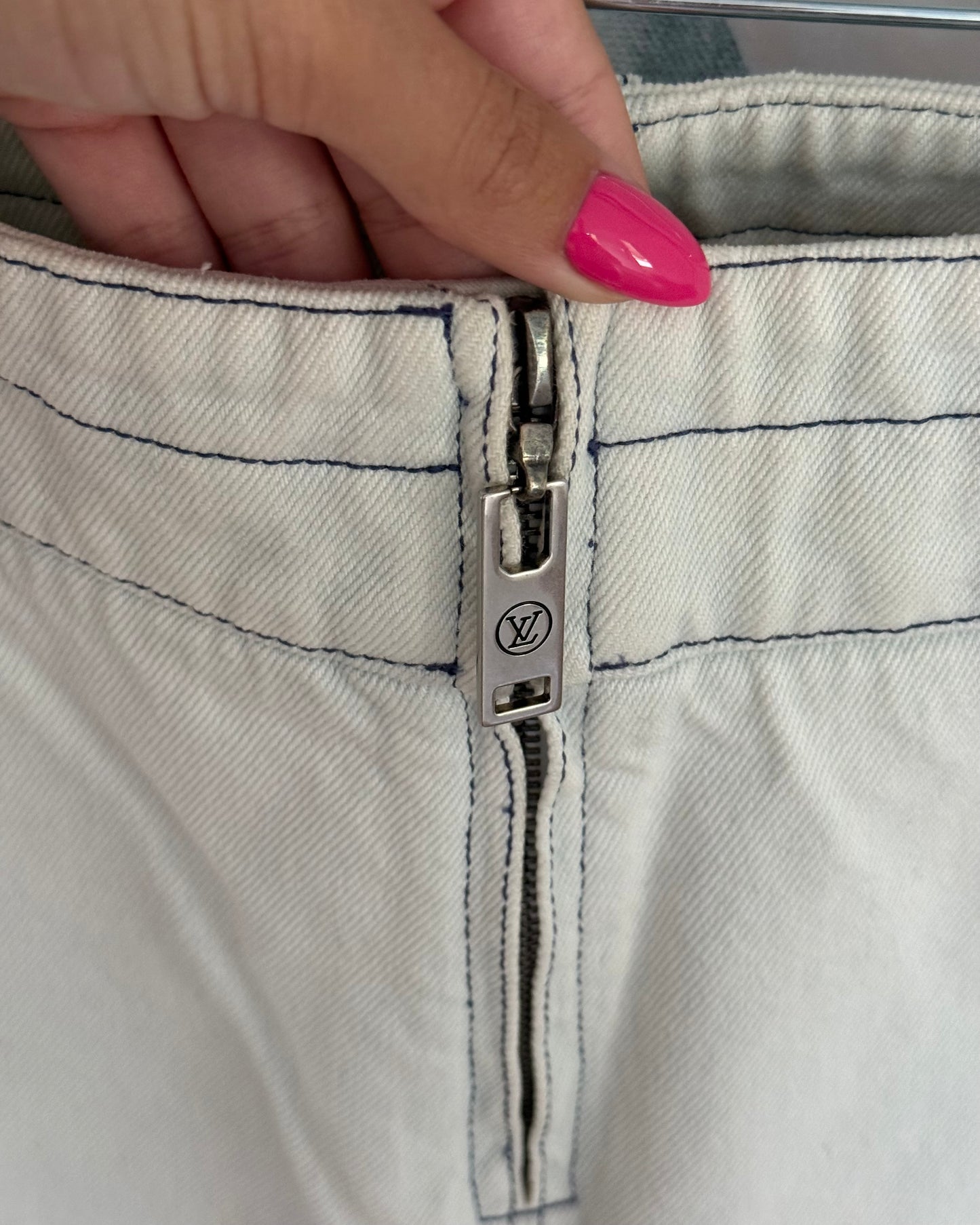 Louis Vuitton White Washed Zipped Denim with Monogram Stripes Down the Sides Size 44