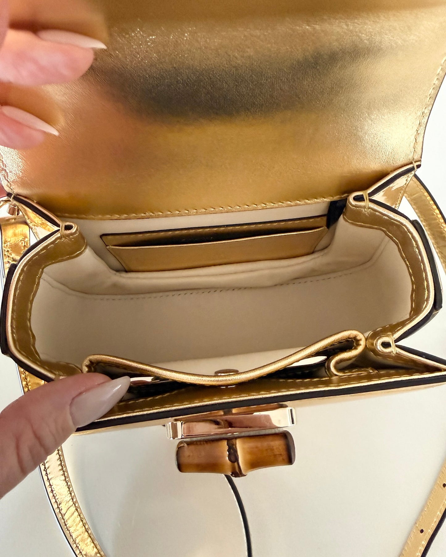 Gucci Limited Edition Gold Metallic Patent Leather Mini 1947 Bamboo Top Handle Bag