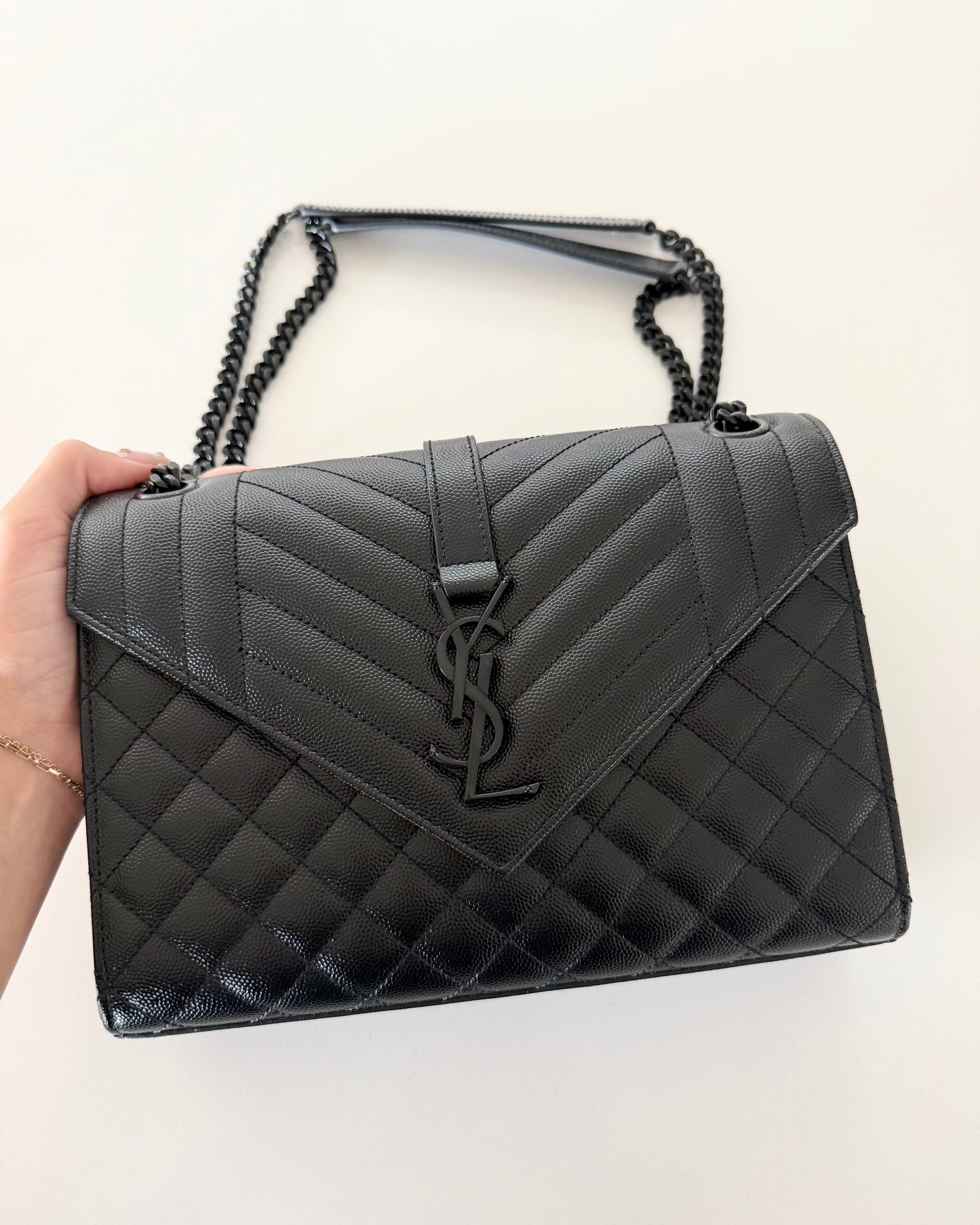 Saint Laurent So Black Leather Tri-Quilted Medium Chevron Envelope Bag from 2018