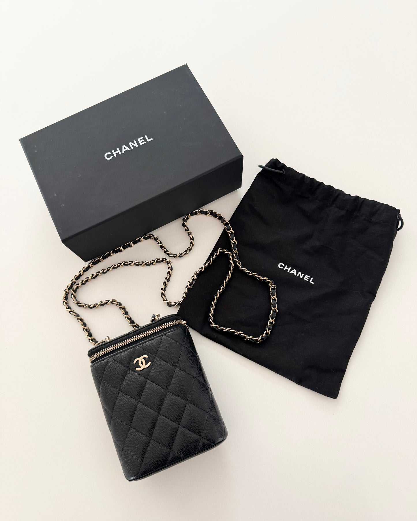 Chanel Black Caviar Quilted Small Vertical Coco Beauty Vanity Case