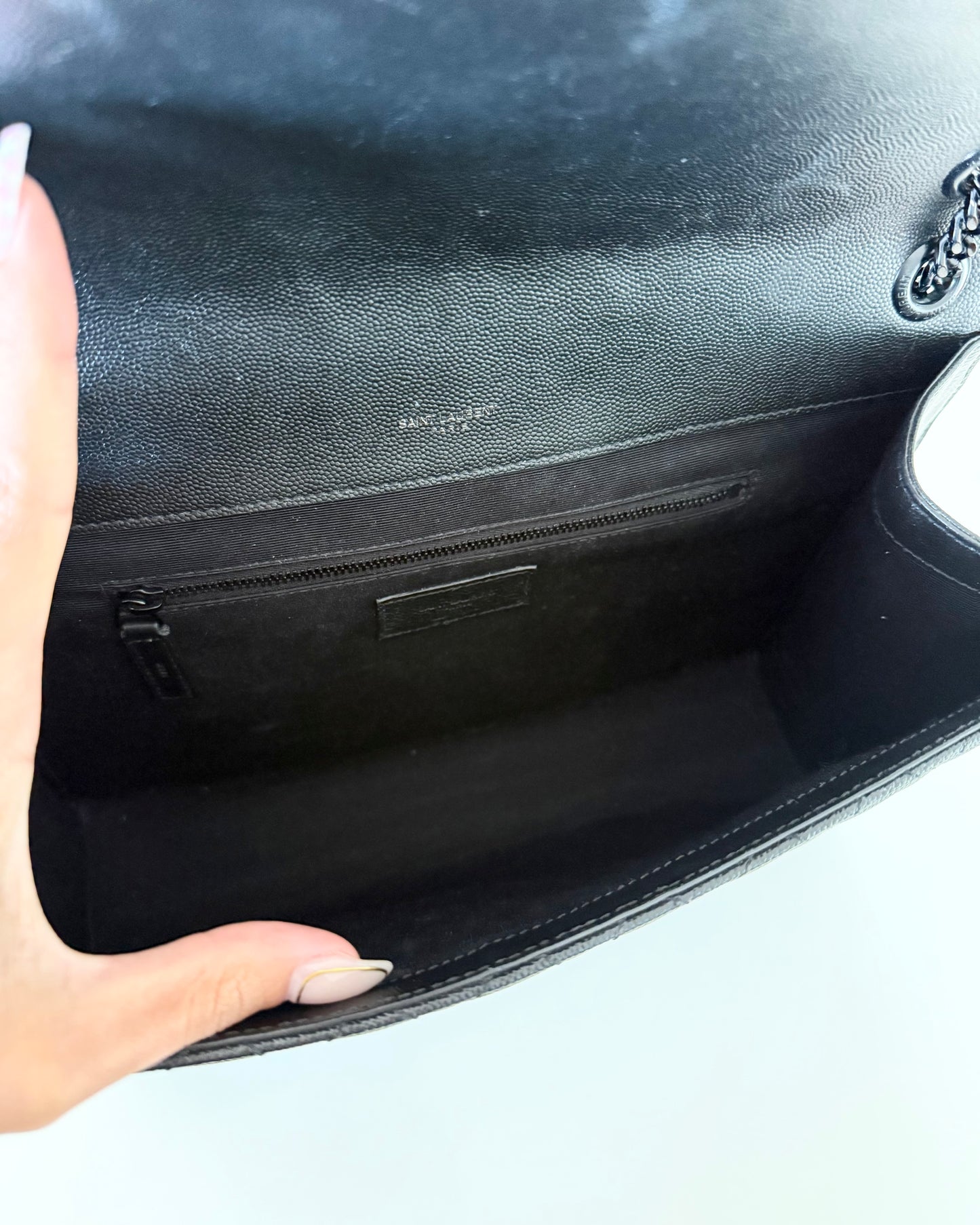 Saint Laurent All Black Grained Leather Matelasse Triquilt Flap Bag