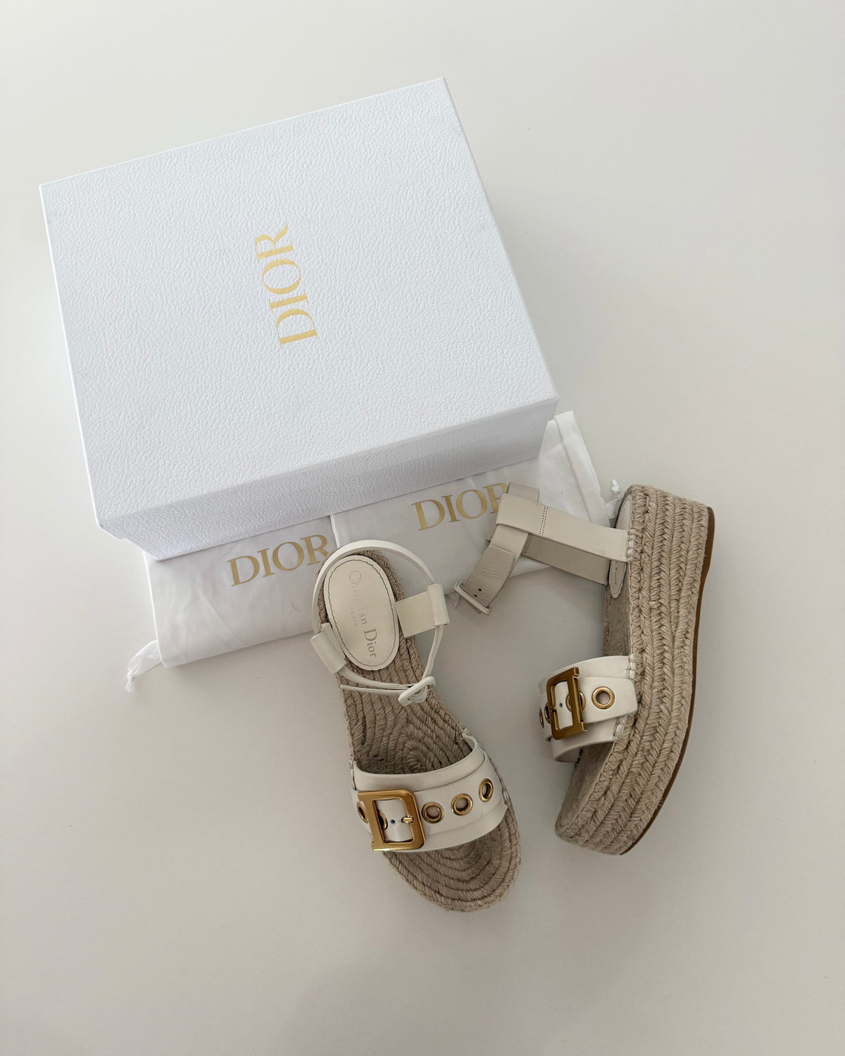 Christian Dior White D-Dior Wedged Platform Ankle Wrap Espadrilles Size 40