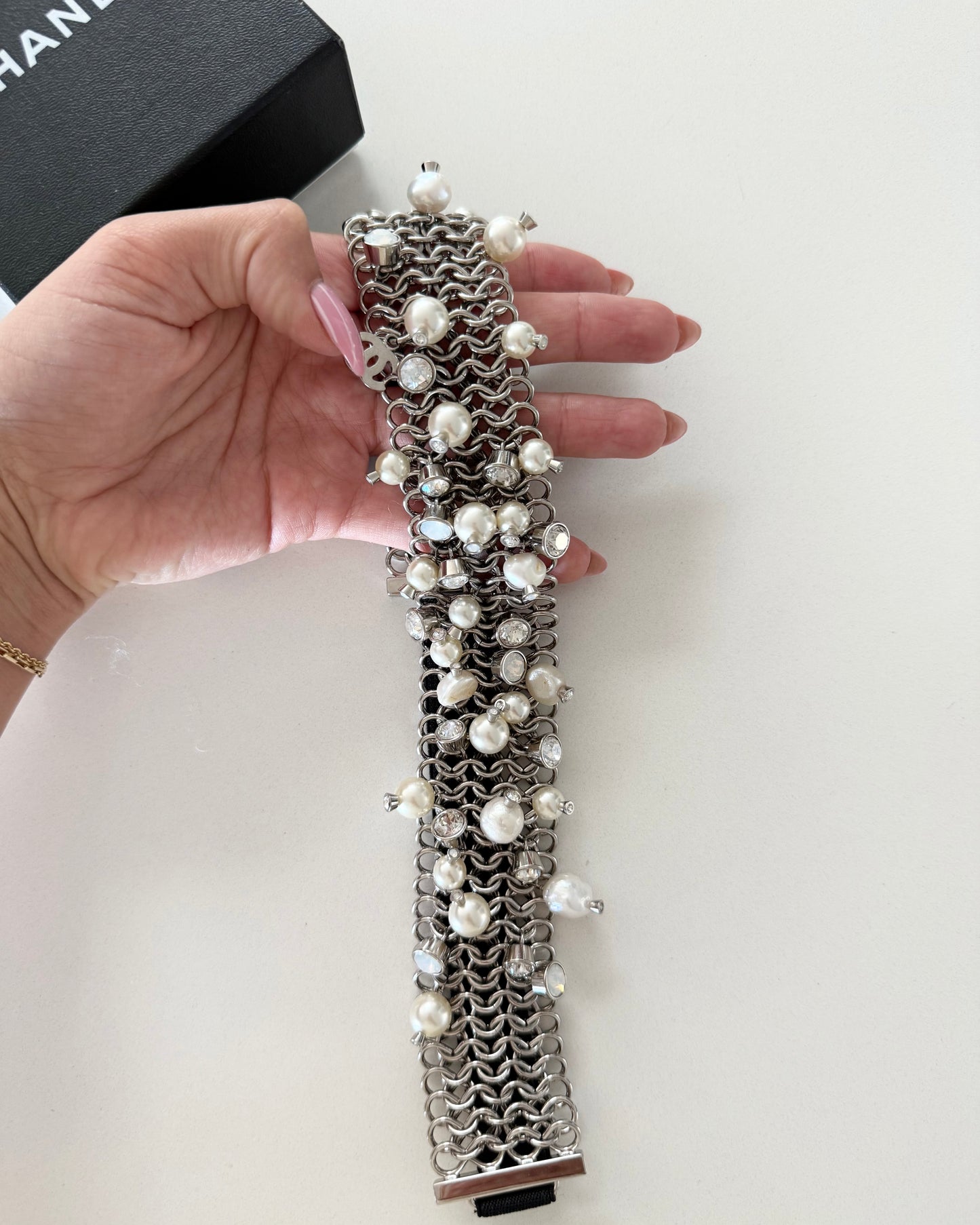 Chanel Silvertone Crystal Pearl and Logo Headband
