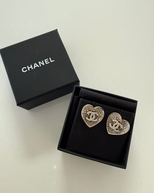 Chanel Goldtone Crystal and Black Sparkle Resin Heart Studs from C23