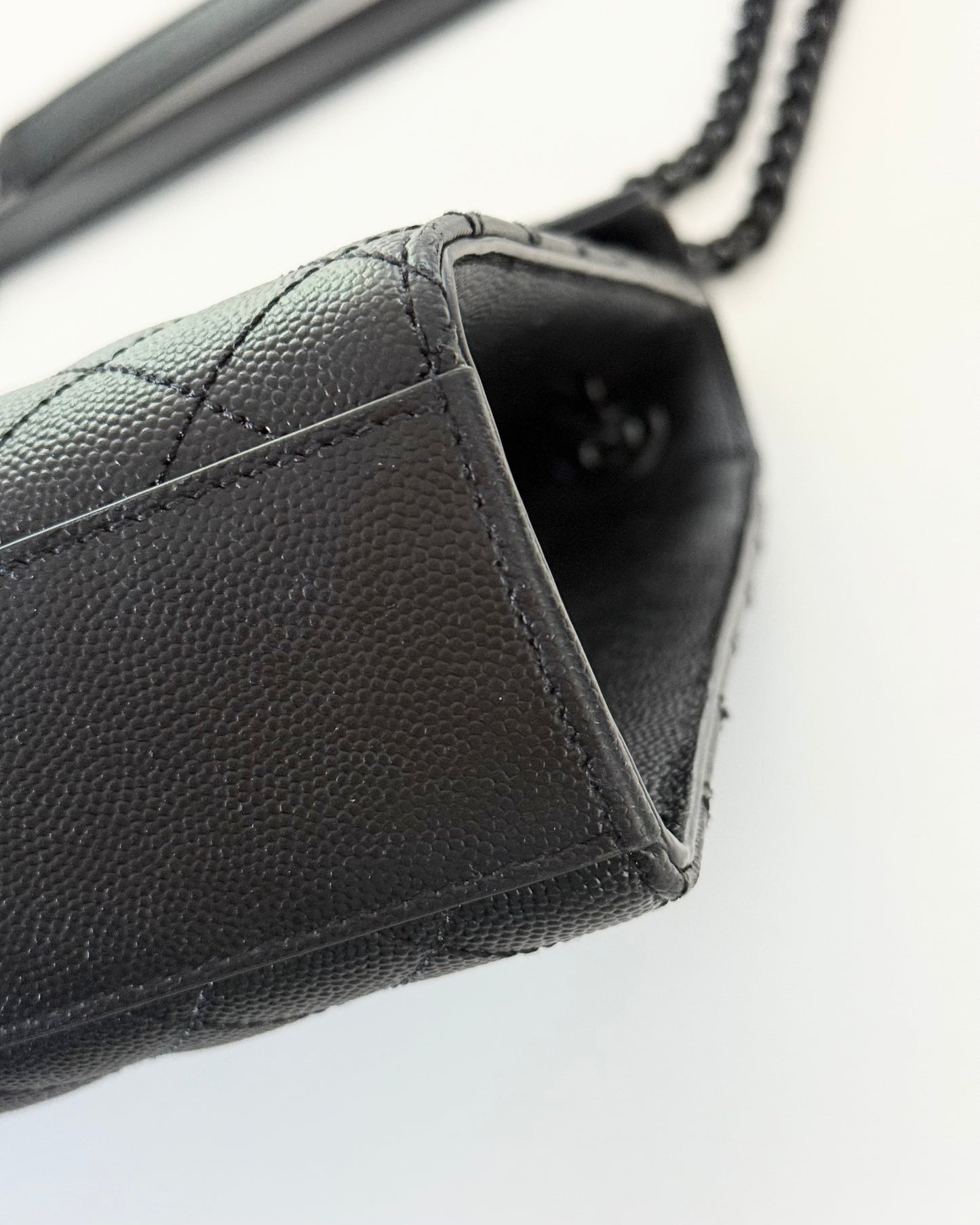 Saint Laurent All Black Grained Leather Matelasse Triquilt Flap Bag