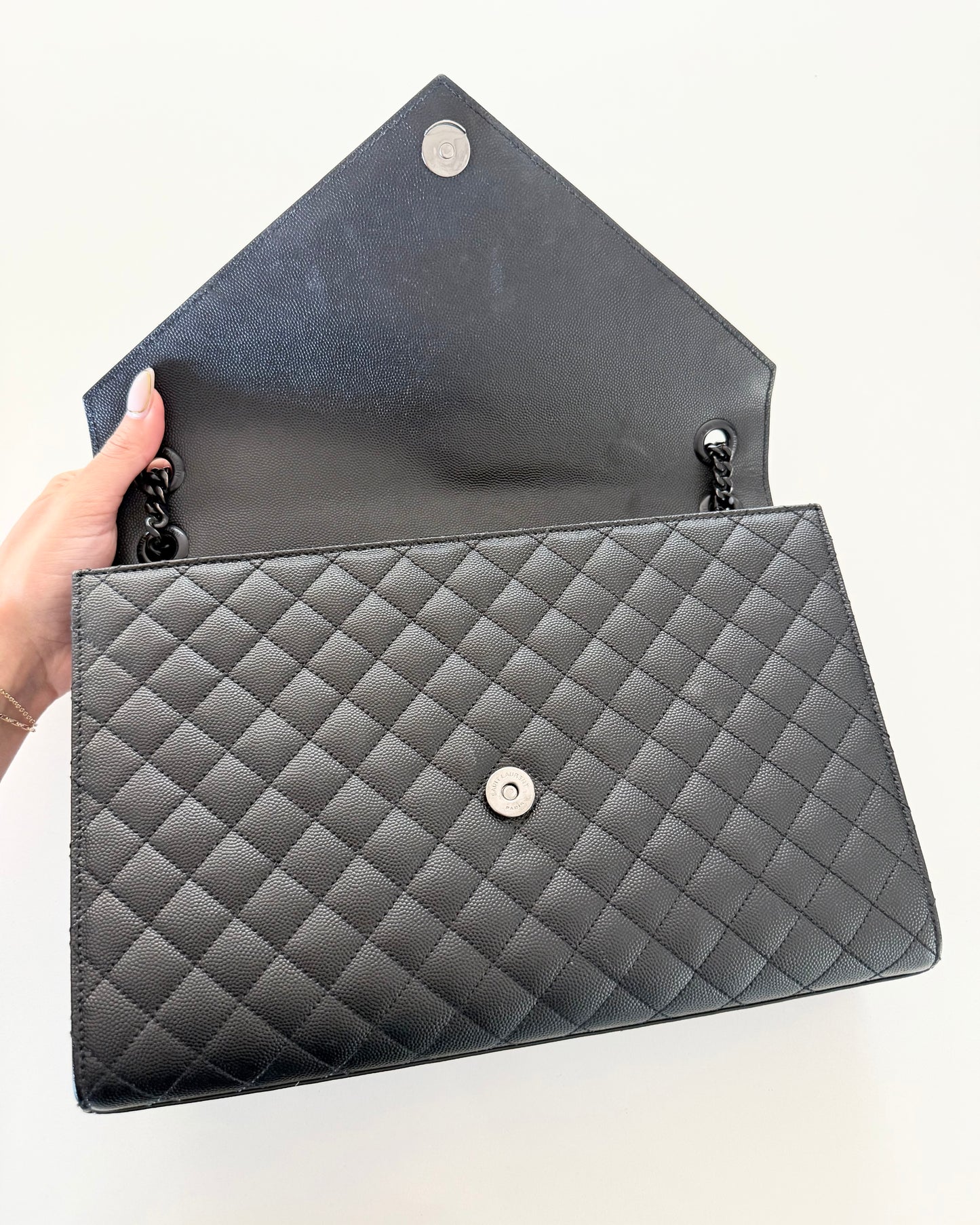 Saint Laurent All Black Grained Leather Matelasse Triquilt Flap Bag