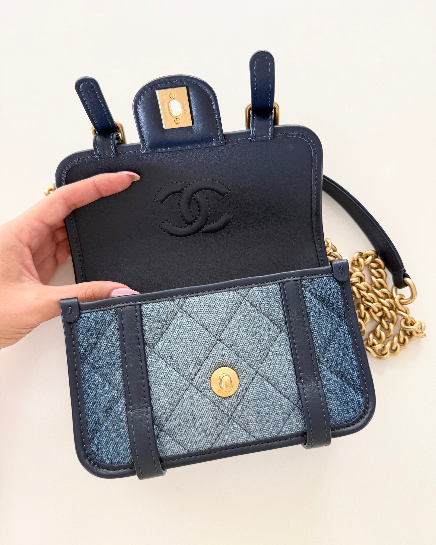 Chanel RARE Limited Edition Ombre Denim Quilted Mini Matelasse Messenger Flap Bag