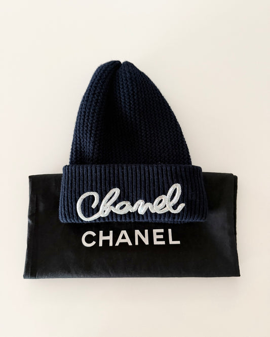 Chanel Navy Cashmere and Sequin Beanie