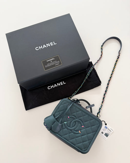 Chanel Dark Turquoise Iridescent Quilted Caviar Filigree Medium Vanity 26 series from 2018