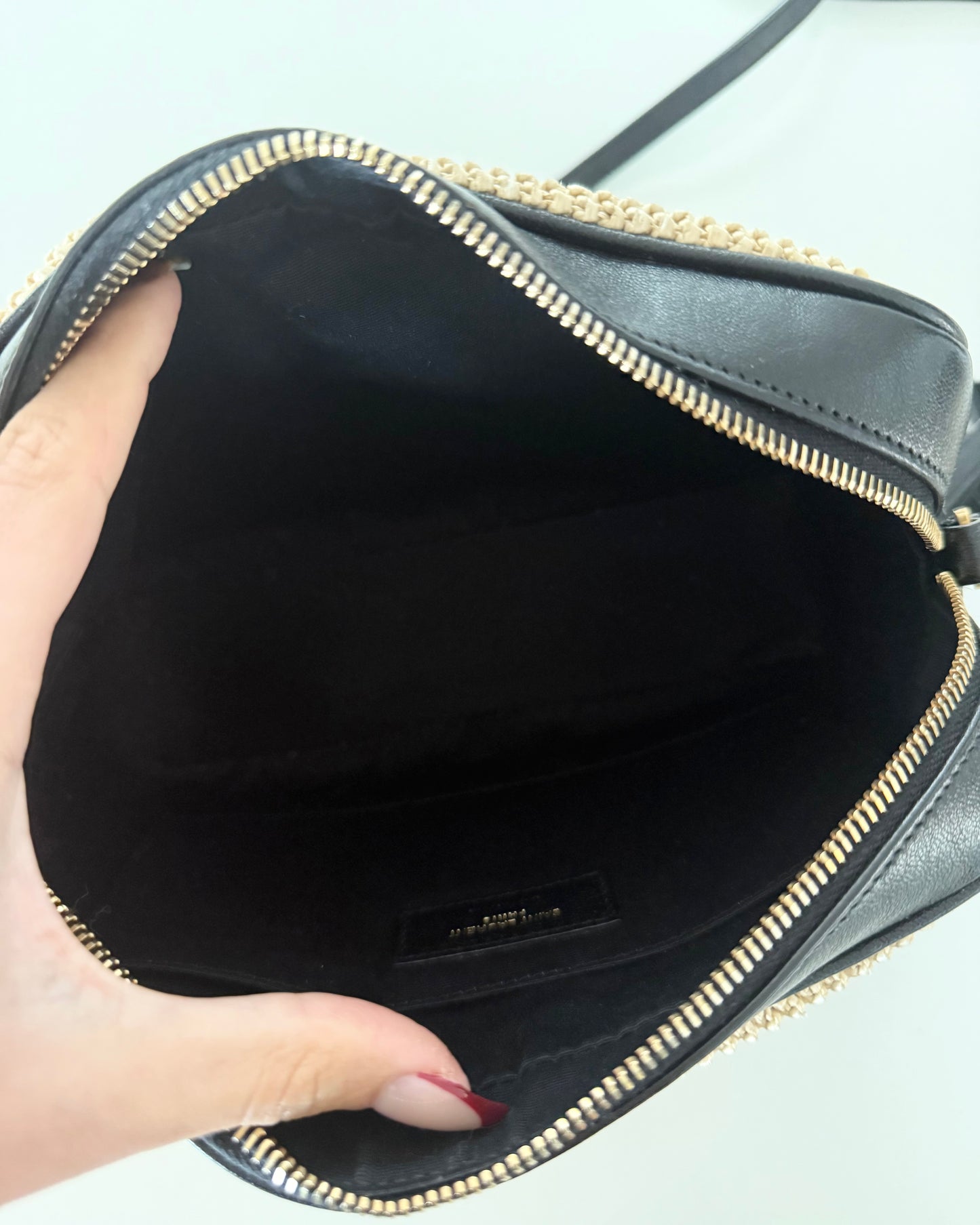 Saint Laurent Black Leather and Raffia Lou Camera Bag