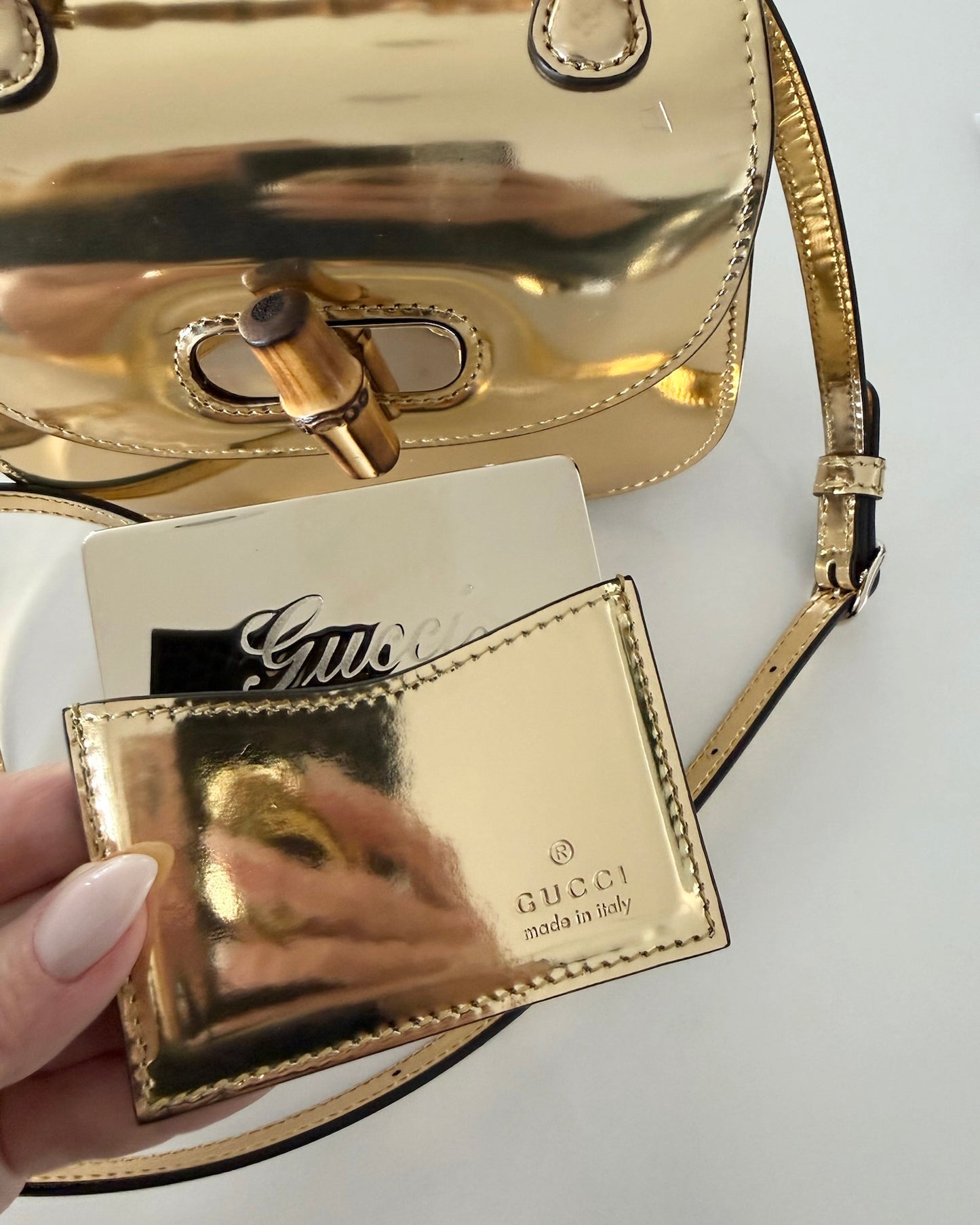 Gucci Limited Edition Gold Metallic Patent Leather Mini 1947 Bamboo Top Handle Bag