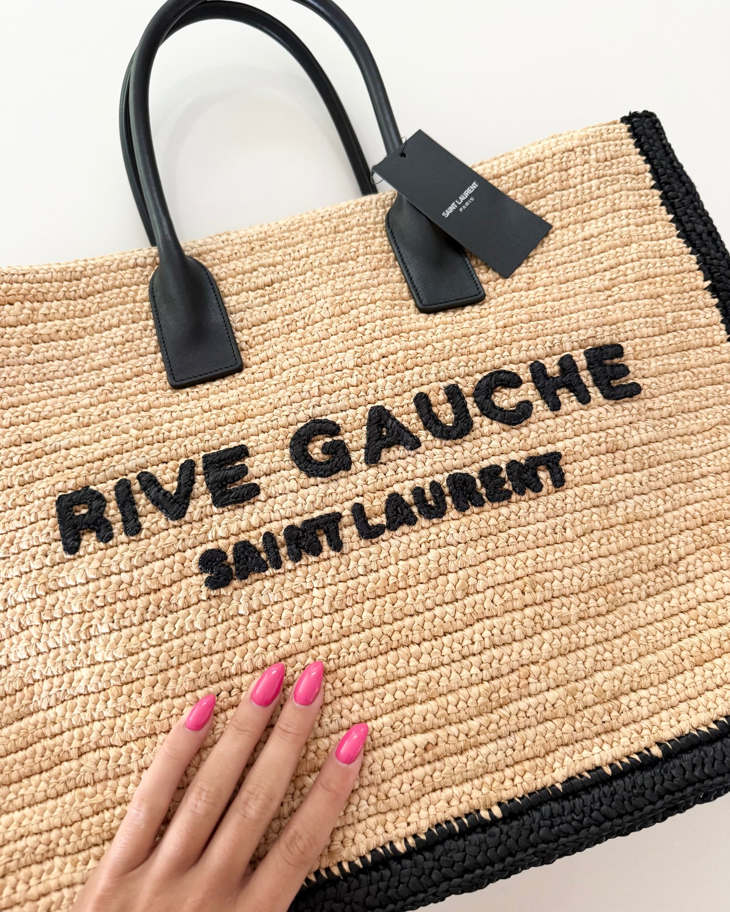 Saint Laurent Raffia and Black Leather Rive Gauche Tote