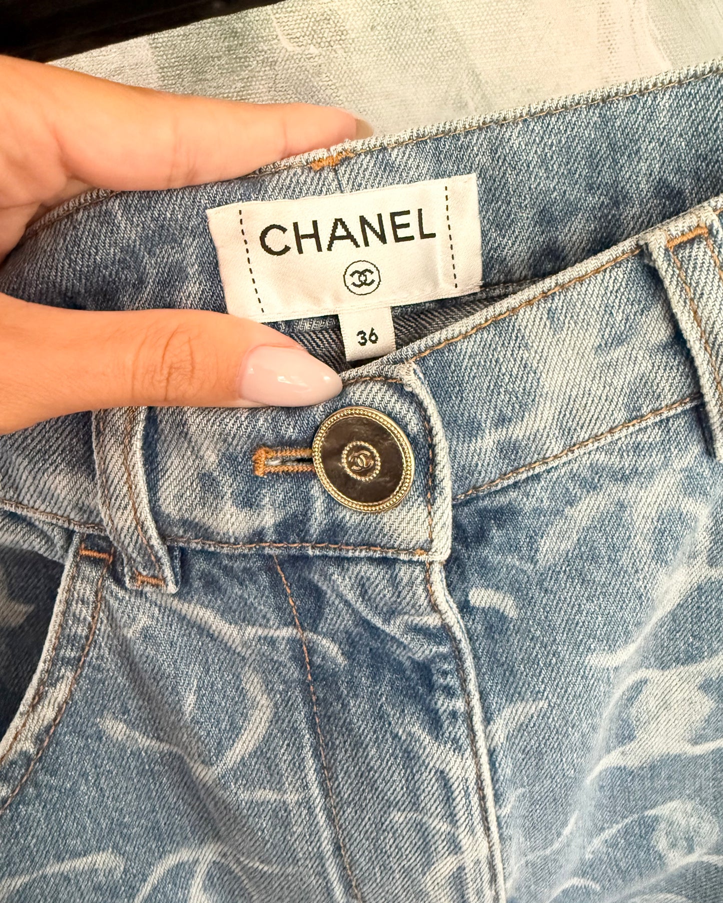 Chanel Runway from 23B Blue Logo Baggy Denim with Gold Logos on Back Pockets size 36