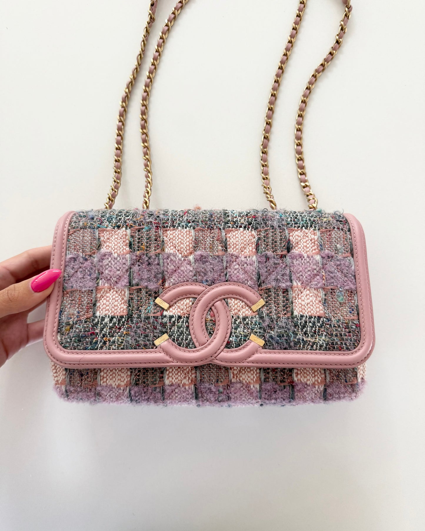 Chanel Pink and Multicolor Tweed Filagree Flap Bag