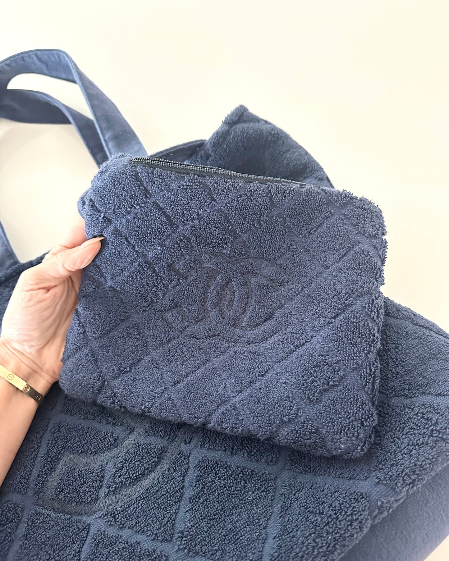 Chanel Navy Terry Cloth Beach Bag/Towel/Pouch Set