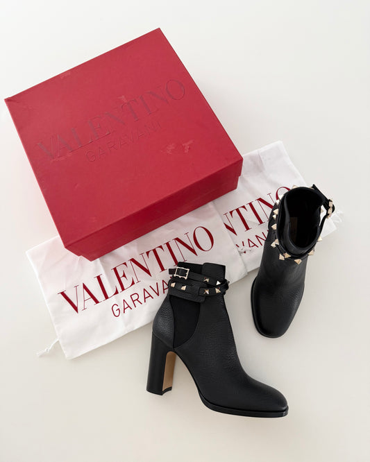 Valentino Black Leather Rockstud Wrap Ankle Boots Size 6.5/37