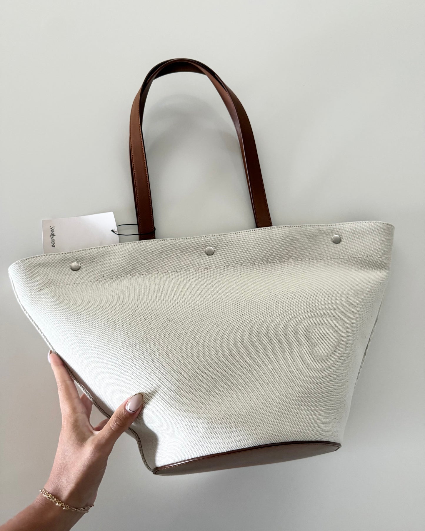 Saint Laurent Linen and Brown Leather Rive Gauche Tote