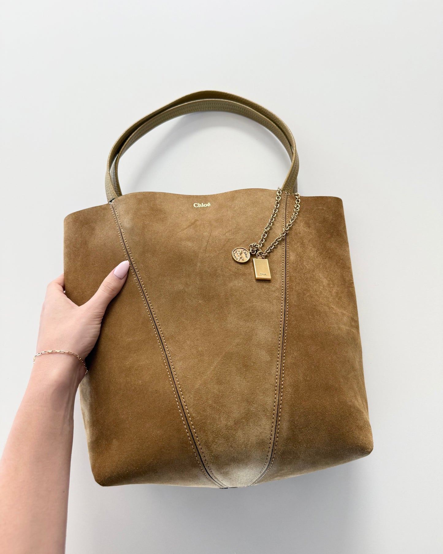 Chloe Gold Khaki Suede Spin Medium Bag With Charm