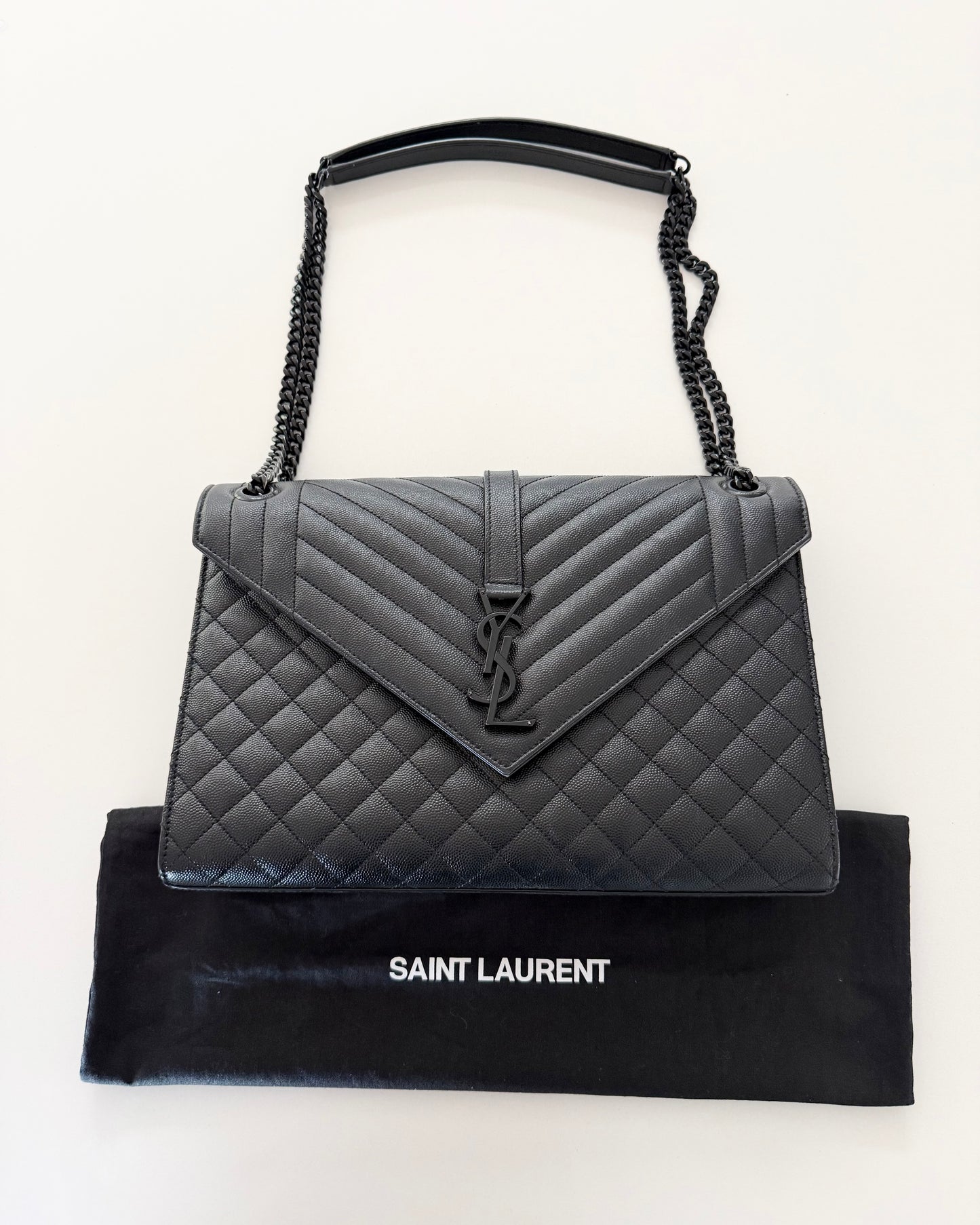 Saint Laurent All Black Grained Leather Matelasse Triquilt Flap Bag