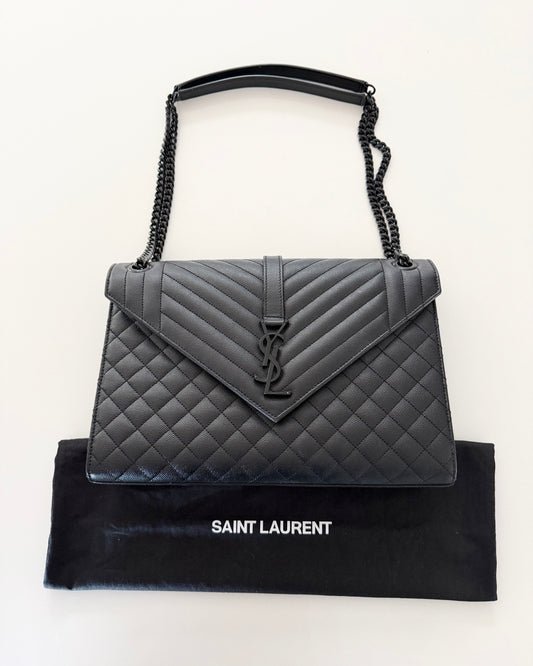 Saint Laurent All Black Grained Leather Matelasse Triquilt Flap Bag
