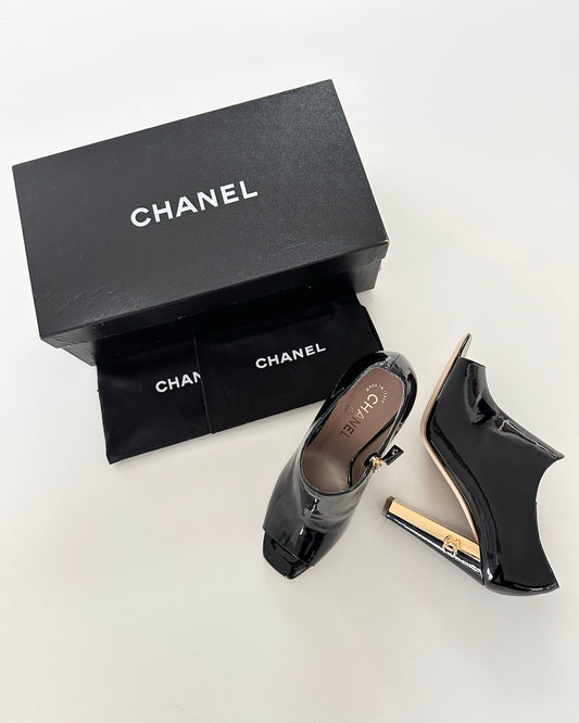 Chanel Black Patent Peep Toe Ankle Boots from 09C Size 38