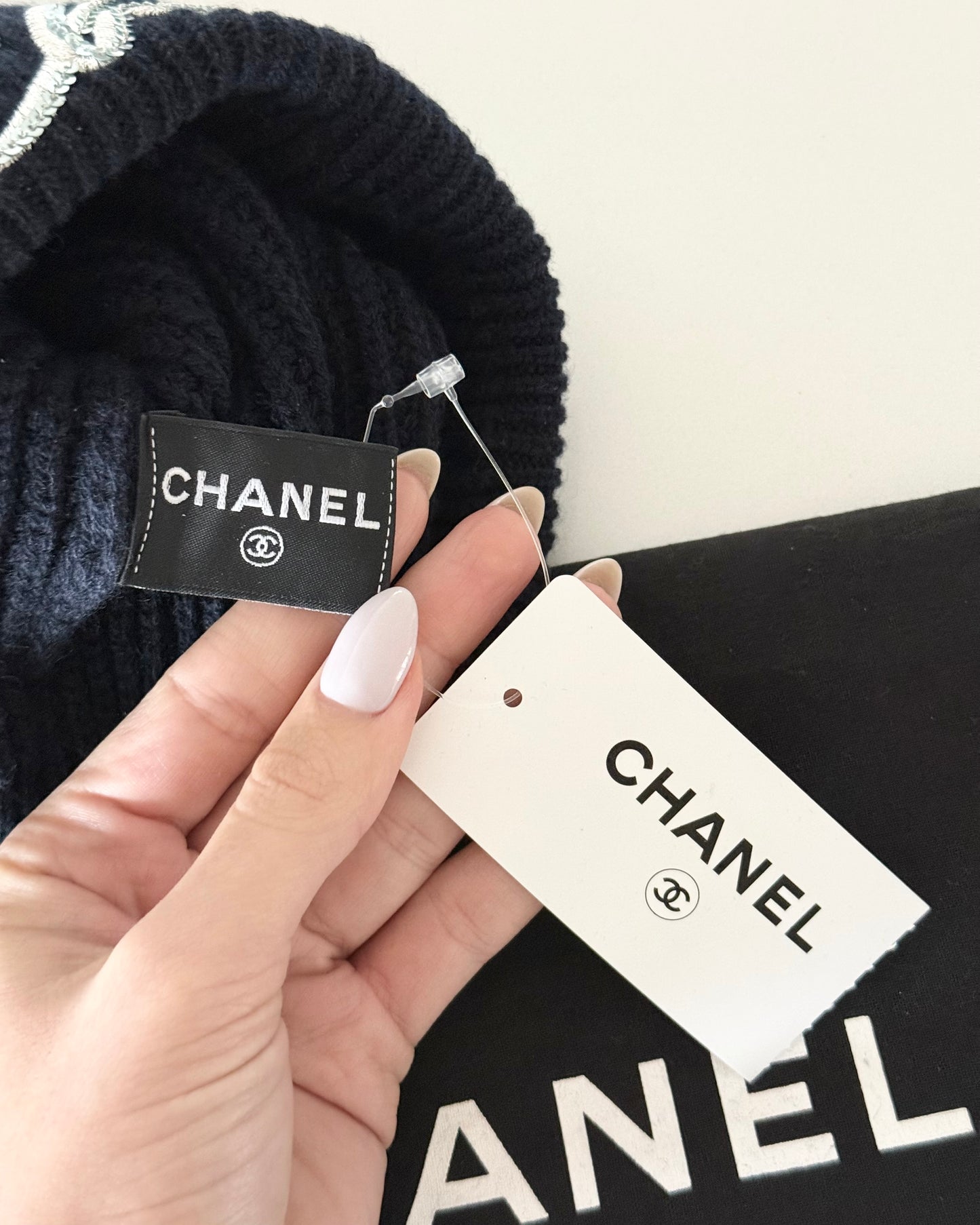 Chanel Navy Cashmere and Sequin Beanie