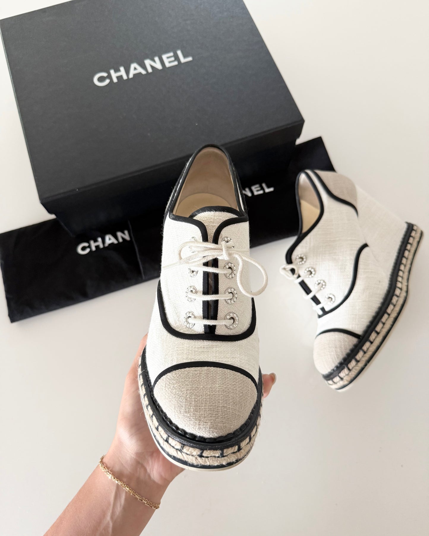 Chanel Ivory Canvas and Raffia Lace Up Wedge Espadrilles Size 40
